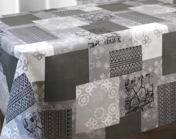 Nappe de table sans PVC écoresponsable 100% recyclable Empreintes Noir Blanc Gris