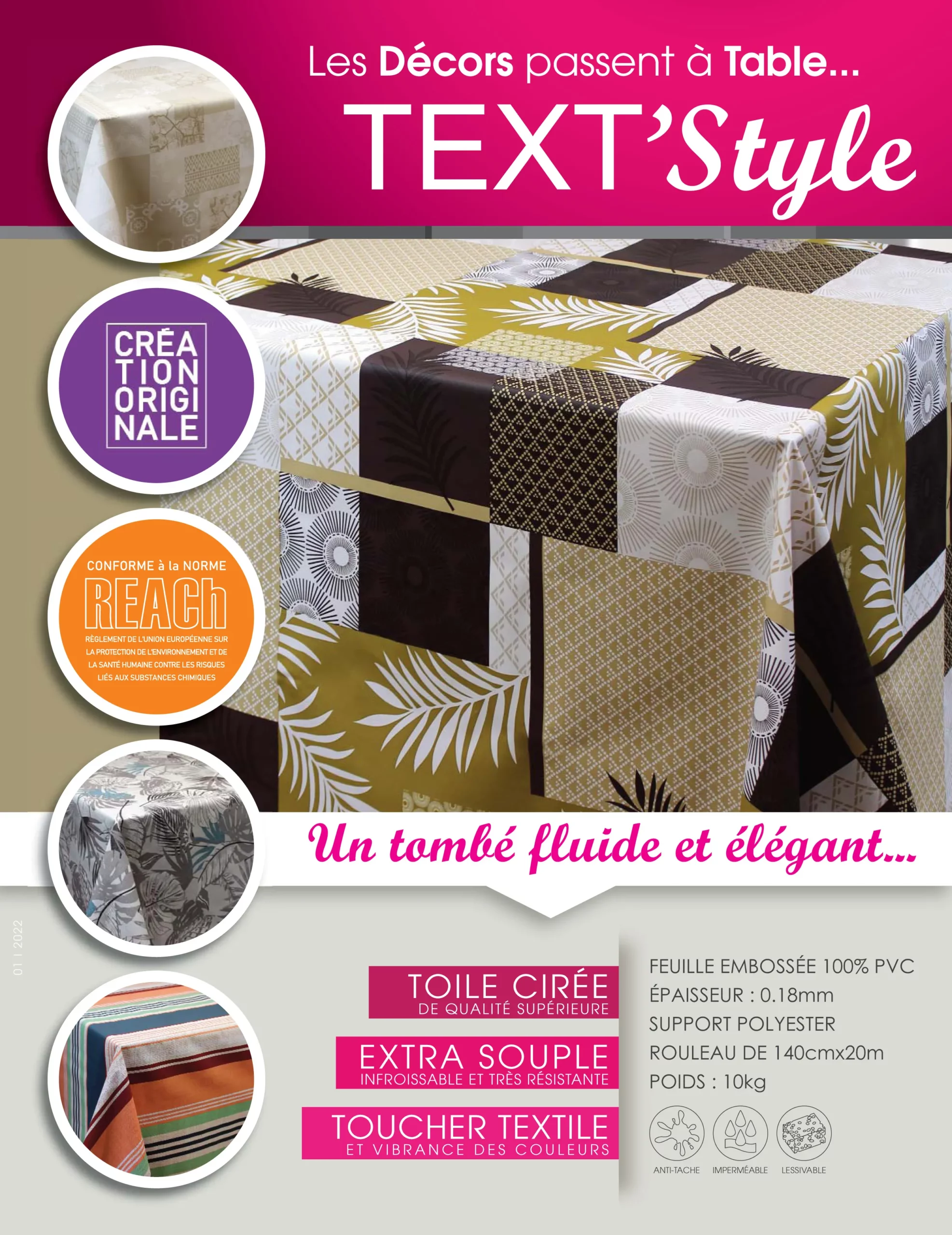 Nappe de table PVC surface embossée Text'Style Jungle Brun Beige -  Largeur 140cm - fontlyshop