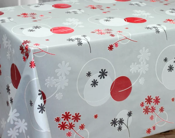 Nappe Noël toile cirée métallisée effet 3D Fleurs Rouge Argent