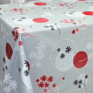 Nappe Noël toile cirée métallisée effet 3D Fleurs Rouge Argent
