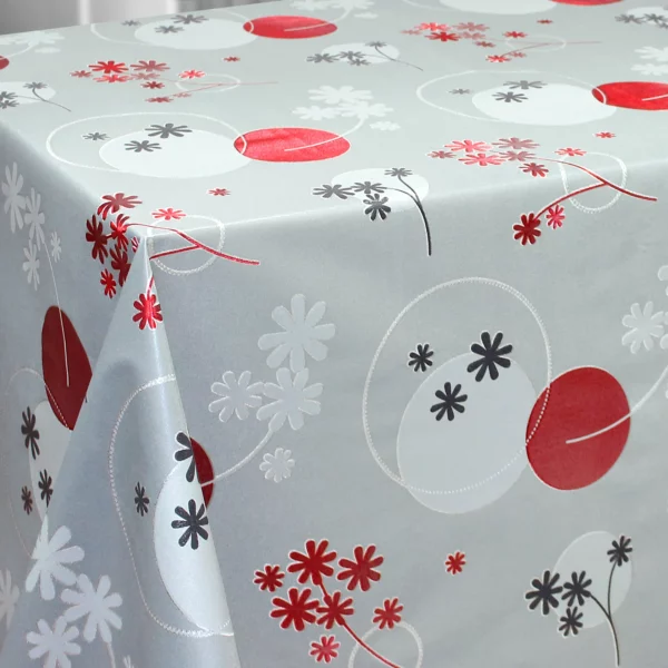 Nappe Noël toile cirée métallisée effet 3D Fleurs Rouge Argent