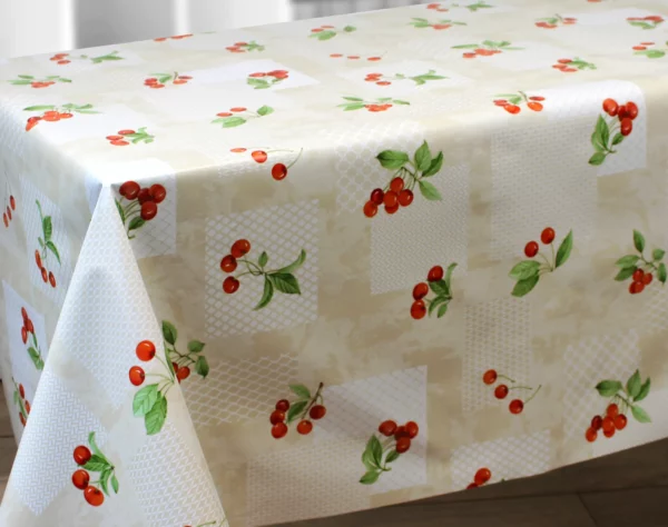 Toile Cirée Grande Largeur Cerises Rouges Fond Beige Sur FONTLYSHOP.COM