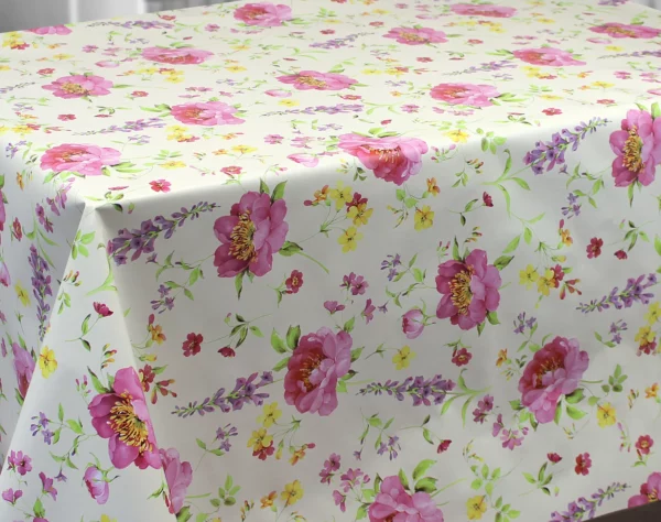 Nappe Toile Cirée Grande Largeur 160cm Peonia Fond Crème Sur www.fontlyshop.com