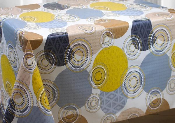 Nappe de table toile cirée PVC Vita "Cercles Gris Jaune" - Largeur 140cm