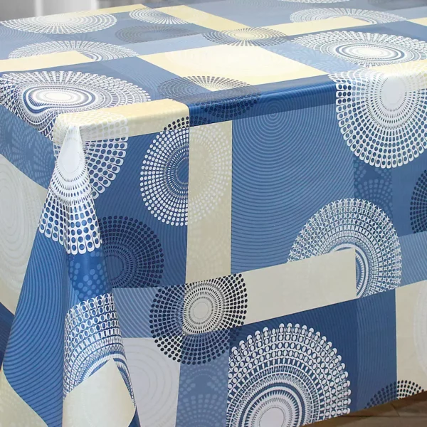 Nappe de table toile cirée PVC Vita "Rosace Blanche Bleu Roi" - Largeur 140cm