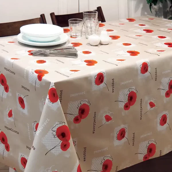 Nappe en toile cirée PVC Bellissima Coquelicots Rouge Fond Beige