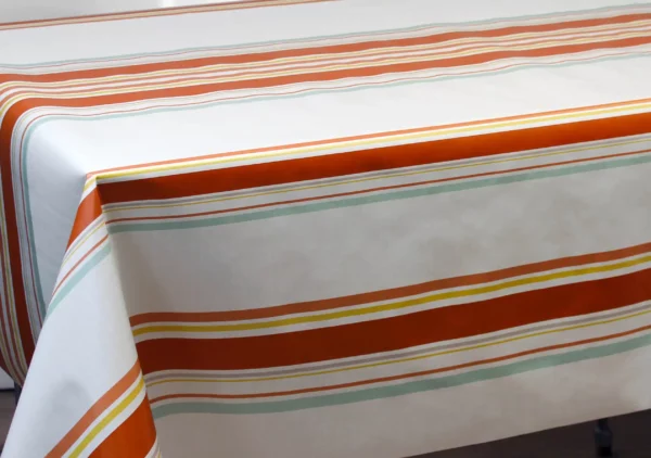 Nappe en toile cirée PVC Bellissima Guéthary Basque Rayures Orange et Vert fond Blanc Sur FONTLYSHOP.COM