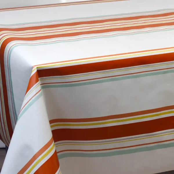 Nappe en toile cirée PVC Bellissima Guéthary Basque Rayures Orange et Vert fond Blanc Sur FONTLYSHOP.COM