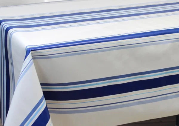 Nappe en toile cirée PVC Bellissima Guéthary Basque Rayures BleuFond Blanc Sur FONTLYSHOP.COM
