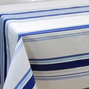 Nappe en toile cirée PVC Bellissima Guéthary Basque Rayures BleuFond Blanc Sur FONTLYSHOP.COM