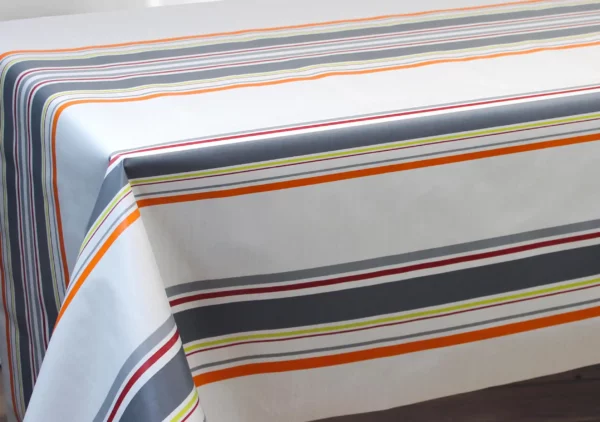 Nappe en toile cirée PVC Bellissima Guéthary Basque Rayures Gris Orange Fond Blanc Sur FONTLYSHOP.COM