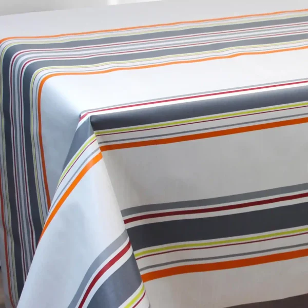 Nappe en toile cirée PVC Bellissima Guéthary Basque Rayures Gris Orange Fond Blanc Sur FONTLYSHOP.COM
