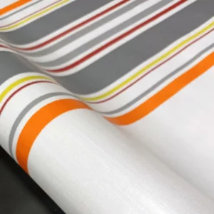 Nappe en toile cirée PVC Bellissima Guéthary Basque Rayures Gris Orange Fond Blanc Sur FONTLYSHOP.COM