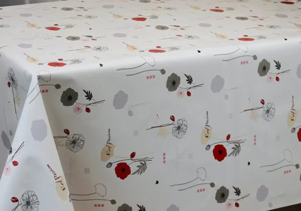 Toile Cirée Très Grande Largeur 180 cm Coquelicot Fond Beige FONTLYSHOP.COM