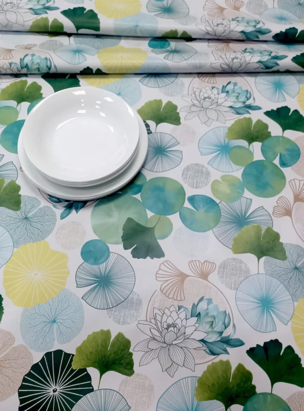 Toile Cirée FONTLYSHOP.COM Nénuphars Verts Grande Largeur 160 cm De Qualité Supérieure Labellisée OEKO TEX