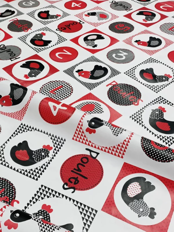 Nappe Toile Cirée De Pâques Pas Cher Sur FONTLYSHOP.COM Poule Et Cocotte Rouge Noir