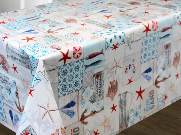 Toile Cirée Eté Mer Et Coquillage Sur FONTLYSHOP.COM Qualité Supérieure OEKO TEX Grande Longueur