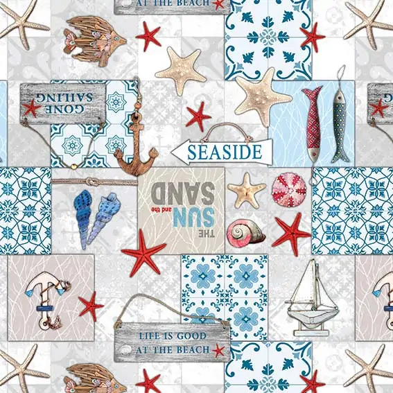 Toile Cirée Eté Mer Et Coquillage Sur FONTLYSHOP.COM Qualité Supérieure OEKO TEX Grande Longueur