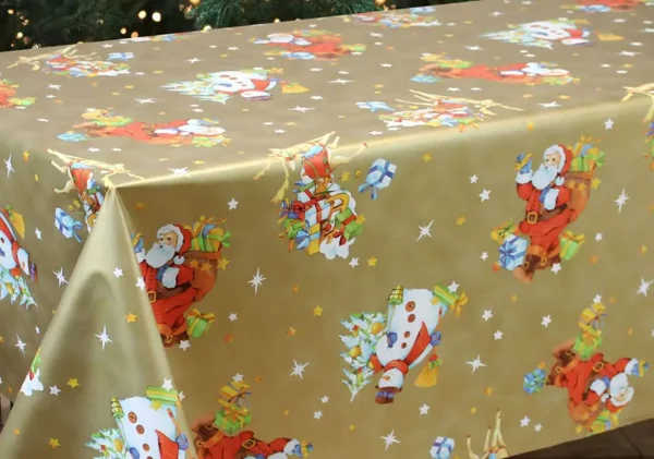 Toile Cirée De Noël Santa Claus Or Sur FONTLYSHOP.com Spécialiste Grande Largeur 160 Et 180 cm